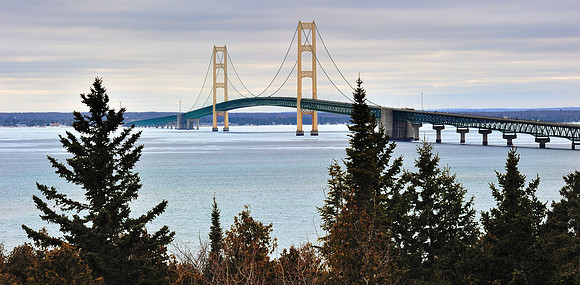 Mackinac Bridge panorama, winter scene
