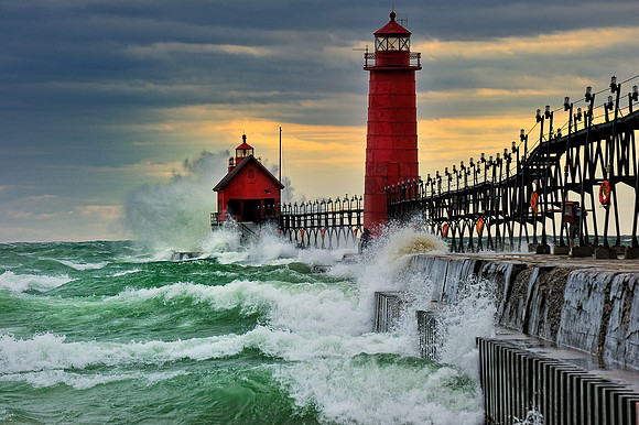 September Gale" Grand Haven Breakwater Lighthouse is located in the harbor of Grand Haven, Michigan