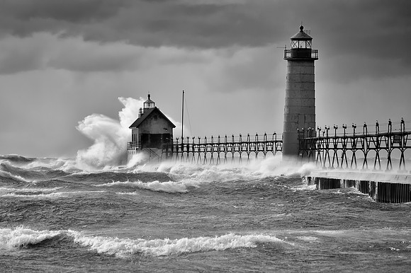 Grand Haven Lighthouse Storm (Black & White) prints canvas
