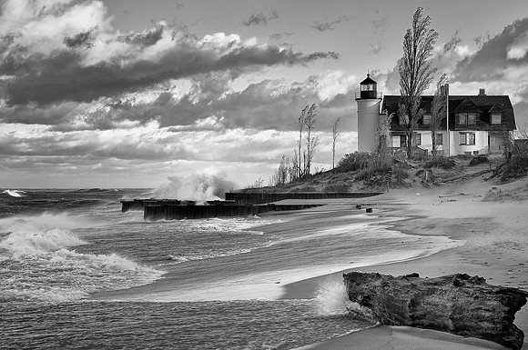 Point Betsie Lighthouse storm Black and White