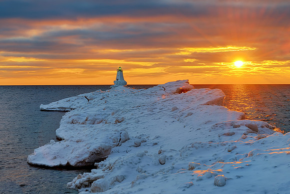 "Fire & Ice" Winter sunset at Ludington Lighthouse