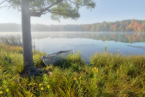 Foggy Autumn row boat at Marl Lake