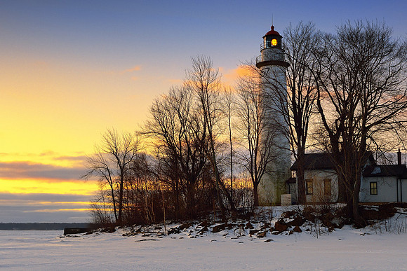 Winter sunrise Pointe Aux Barques lighthouse
