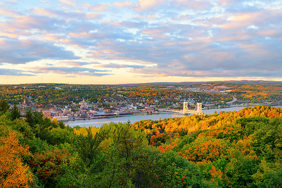 Houghton & Hancock Michigan viewed from the hills above Portage Lake and it's Lift Bridge