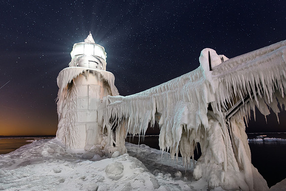 Ice covered lighthouse in Michigan
