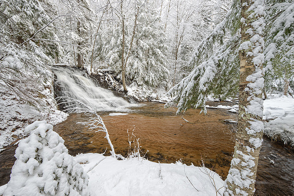 Fluffy fresh snow at Morgan Falls, Marquette, MI