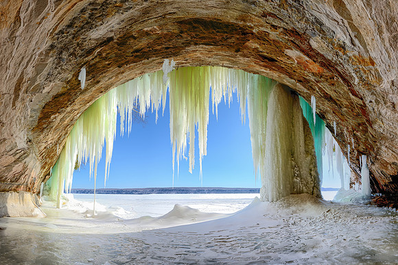 "Ice curtains forming on a cave in Upper Michigan"