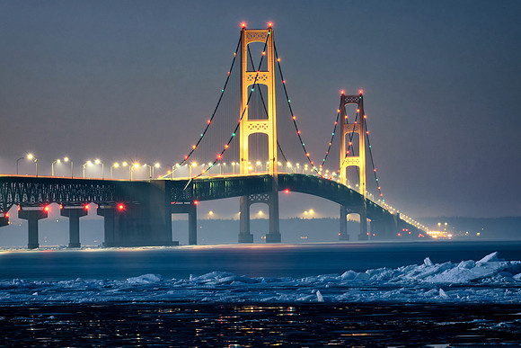 Misty late winter dusk at mackinac Bridge