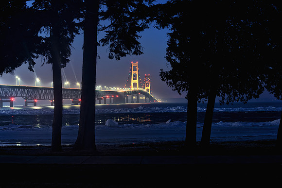 "Foggy late winter night at Mackinac Bridge"