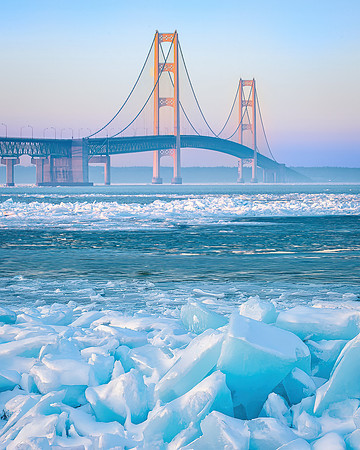 Blue ice at Mackinac Bridge