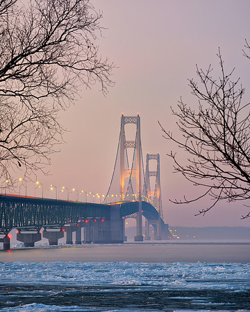 Misty evening light at Mackinac Bridge