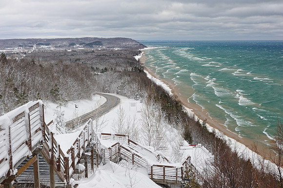 "Snow overed stairs overlooking Lake MIchigan"