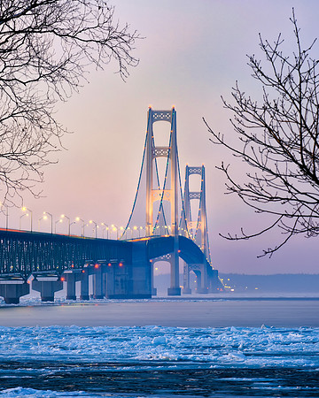 Misty evening light at Mackinac Bridge