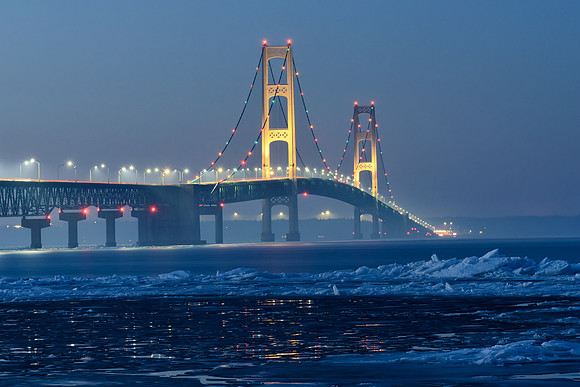 Misty late winter dusk at mackinac Bridge