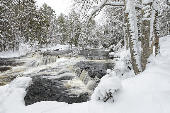 "Deep snow covered trees winter day at Bond Falls"