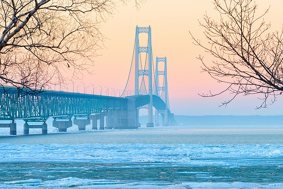 Misty evening at Mighty Mac Bridge