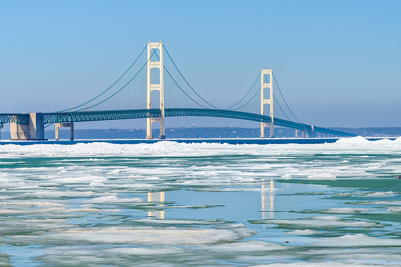 Melting ice at Mackinac Bridge