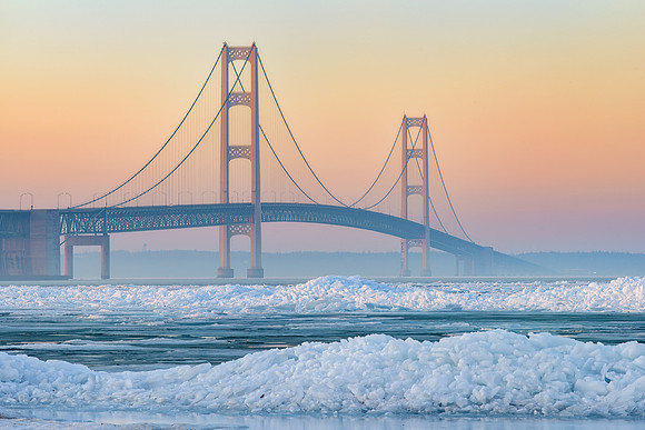 Misty melting ice at Mackinac Bridge