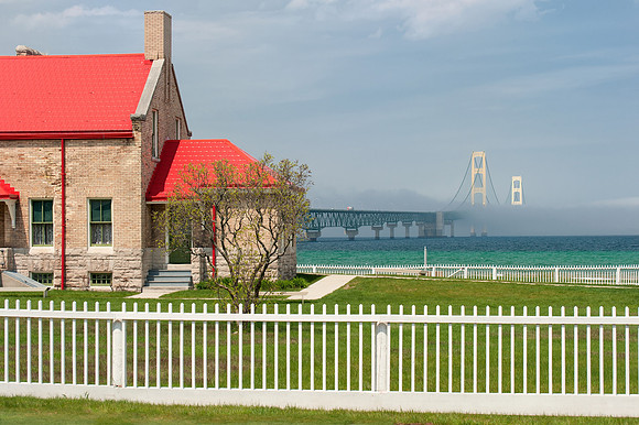 Fog rolling over Mackinac Bridge