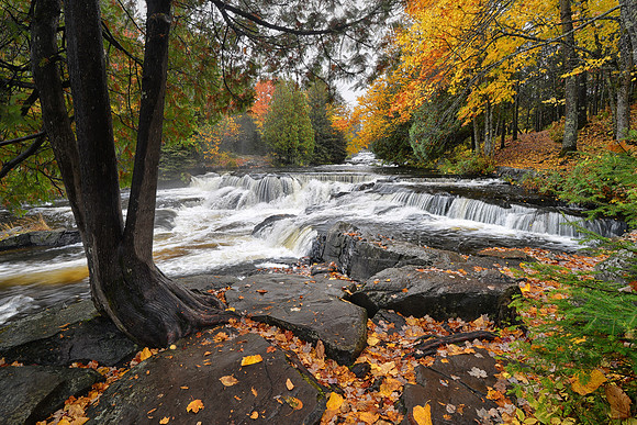Foggy and rainy day at Bond Falls