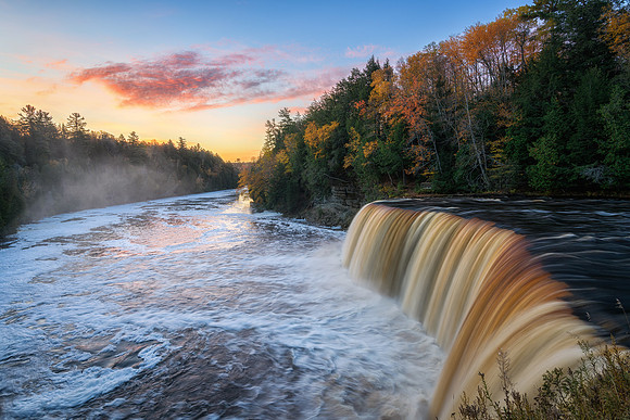 A misty Tahquamenon Falls sunrise