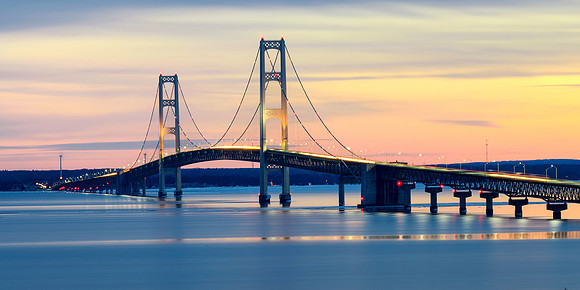 Ice forming at Mackinac Bridge