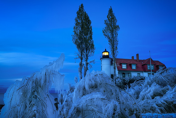 November Gales encase the trees in ice at Point Betsie Lighthouse