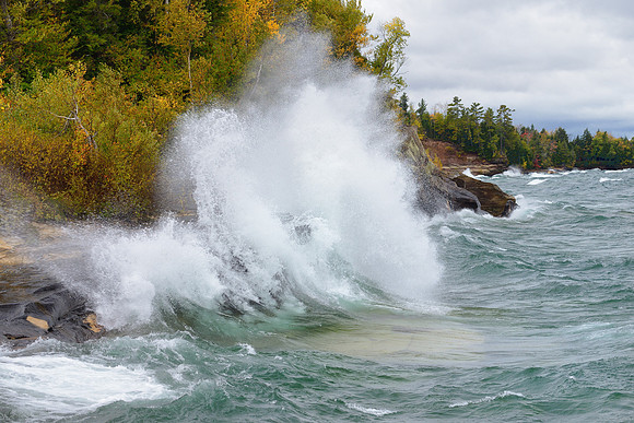 Big Waves crashing and splashing on Lake Superior near Munising, Michigan