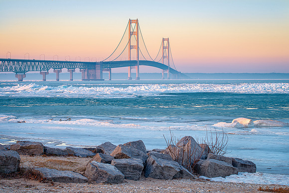 Mackinac Bridge-Misty Winter Evening