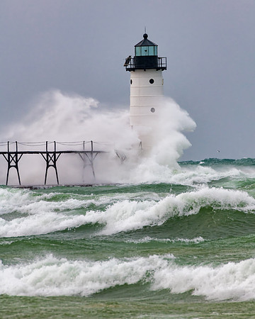 Big Waves Pounding the Manistee Lighthouse