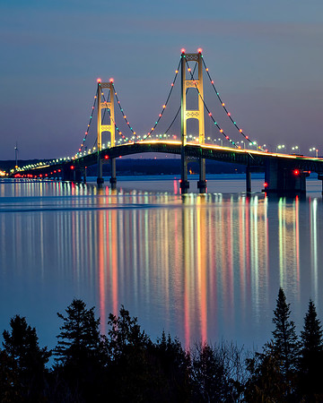 Twilight reflections at Mackinac Bridge