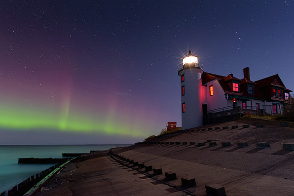 Northern Lights dancing in the sky at Point Betsie Lighthouse  (Night Skies Gallery )
