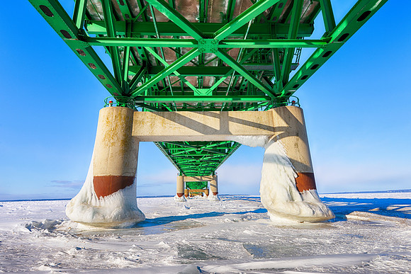 Icy view from under Mackinac Bridge